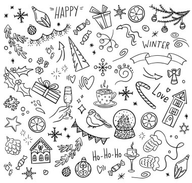 El yapımı kış karalamaları Noel hediyeleri, kar taneleri, eldivenler ve şenlikli dekorlar. Kutlama kartları, ambalaj kağıtları, posterler ya da mevsimlik tasarımlar için samimi tatil öğeleri. Vektör çizimi izole edildi