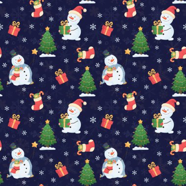 Kardan adam, Noel ağacı ve şenlikli hediyelerle büyüleyici, pürüzsüz bir desen. Ambalaj kağıdı, kumaş, tebrik kartı ve kış dekorasyonu için şirin bir tatil tasarımı. Yeni yıl vektörü renkli arkaplan