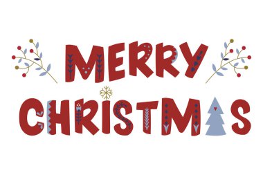 Elle çizilmiş dekoratif halk yazıları neşeli şekiller ve kış dallarıyla Mutlu Noeller. Bayram kartları, afişler, mevsimlik baskılar için skandal tasarımı Sıcak, desenli ve neşeli vektör çizimleri