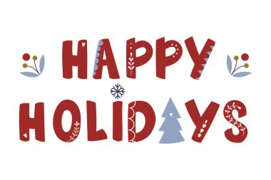 Elle çizilmiş dekoratif harflerle Mutlu tatiller, halk esinlenilmiş şekiller, kış motifleri ve yumuşak festival renkleri kartlar, pankartlar, mevsimlik baskılar için eğlenceli, neşeli ve yaratıcı sanat eserleri.