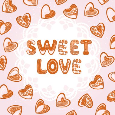 Sevgililer Günü kartında zencefilli kurabiye, dantelli krema var. Tebrik kartları, posterler, ambalajlar, davetiyeler ve romantik mevsimsel tasarım için romantik tatil vektör ilüstrasyonu