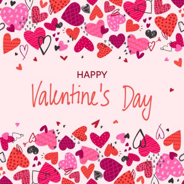 Sevgililer Günü kartında elle çizilmiş kalpler ve desenli karalama ayrıntıları var. Kutlama kartları, hediye paketleri, kumaş baskıları, kırtasiye tasarımı, aşk temalı grafikler için bayram bayramı afişi