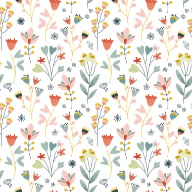 Kurşun kalemle çizilmiş, tebeşir şeklindeki el çiziminden kusursuz çiçek deseni. Ambalaj, damgalama, kırtasiye, kumaş baskıları, ambalaj kağıtları için vektör tasarımında düzenlenmiş desenli halk botanik unsurları