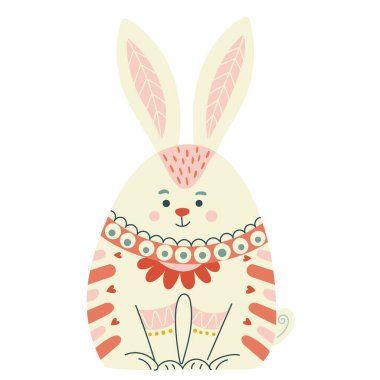 Halk tarzında Paskalya tavşanı İskandinav tarzı yumuşak pembe tonlar yuvarlak şekiller ve el çizimi süslemeler bahar dekoru için sıcak, dostane bir karakter oluşturur tebrik kartları ve çocuklar düz vektör dizayn ederler.