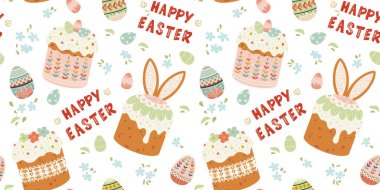 Süslü tatil pastaları, boyanmış yumurtalar, renkli harfler, sıcak halk renkleri ve kağıt, kart, ambalaj, mevsimlik markalaşma için mükemmel eğlenceli detaylar ile el yapımı Paskalya pürüzsüz deseni.