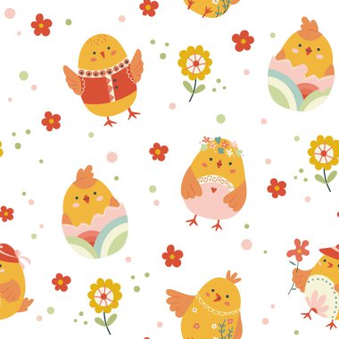 Yavru civcivler ve minik çiçeklerle şirin, pürüzsüz bir desen. Yumuşak renkler ve el yapımı eğlenceli paskalya tasarımı çocuk ürünleri, çocuk dekorasyonu, kumaş, hediye vektörü arka planı için mükemmel.