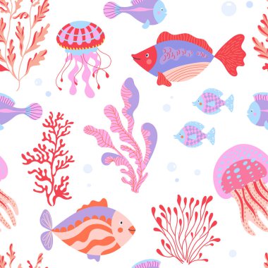 Canlı mercan resiflerinin pürüzsüz desenleri ılık pembe, kırmızı, lavanta tonları elle çizilmiş denizanaları, balıklar ve deniz bitkileri çocuk dekorasyonu, çocuk tekstil ürünleri ve oyuncu dekorlar için dekoratif sualtı teknikleri oluştururlar.