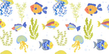 Şirin balıklar ve yumuşak yeşil deniz yosunlarıyla havasız bir desen. Oyuncak çizgi film stili çocuk kumaşı ve bebek odası dekoru için dostane sualtı tasarımı yaratır. Renkli deniz elementleriyle parlak çocuksu vektör tasarımı