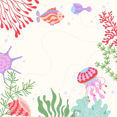 Balıklı deniz kartı, mercan dalları, denizanası ve deniz bitkileri. Temiz negatif alanı olan dekoratif sualtı çerçeve bileşimi. Davetiyeler, posterler, afişler için vektör arkaplanı