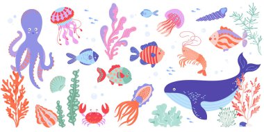 Balina, ahtapot, balık, yengeç, denizanası, mercan ve yosun içeren el yapımı şirin sualtı dünyası elementleri. Çocuk tasarımı, kumaşı, baskısı ve dekoru için dost canlısı karakterlere sahip çizgi film çocuk deniz koleksiyonu