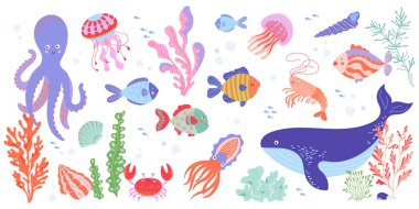 Balina, ahtapot, balık, yengeç, denizanası, mercan ve yosun içeren şirin sualtı dünyası elementleri. Çocuk tasarımı, kumaşı, baskısı, dekoru için arkadaş canlısı karakterlere sahip çizgi film çocuk deniz koleksiyonu