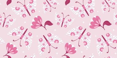 Yumuşak pembe pastel renklerle el çizimi pürüzsüz desen Modern vektör dekoratif böcek ile arka planı düz stil yaz baskısı kumaş, ambalaj, duvar kağıdı, tekstil tasarımı