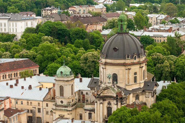 The Dome of Dominican church and monastery in Lviv, Ukraine is located in the city's Old Town