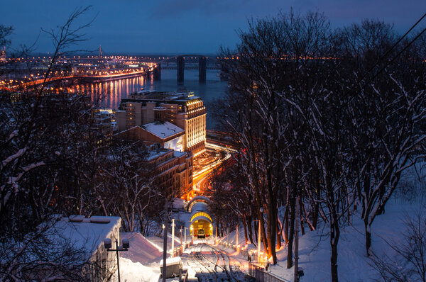 Railway funicular in winter twilight, Kyiv, Ukraine