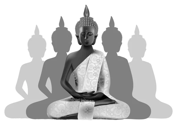 Postura de Buda meditante en colores plata y negro con silhou — Vector de stock