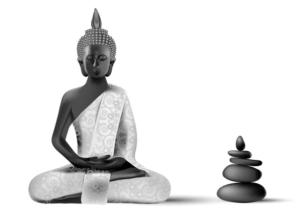 Meditating Buddha posture in silver and black colors with stones — Stock Vector