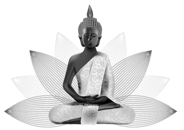 Postura de Buda meditante en plata y colores negros en loto — Vector de stock