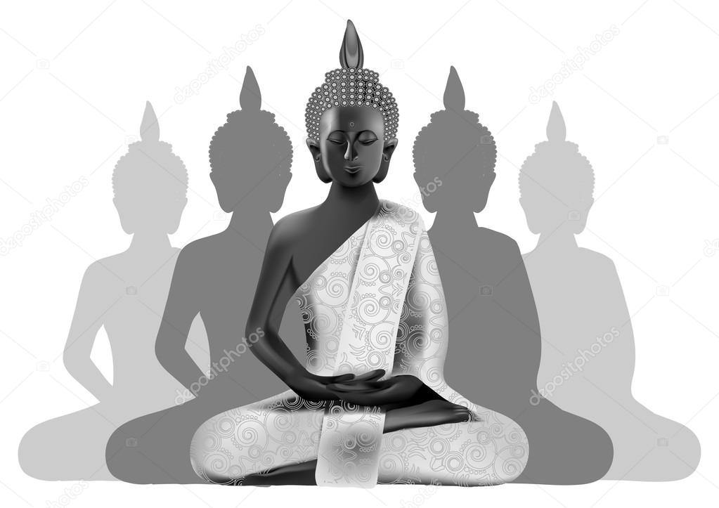 Meditating Buddha posture in silver and black colors with silhou