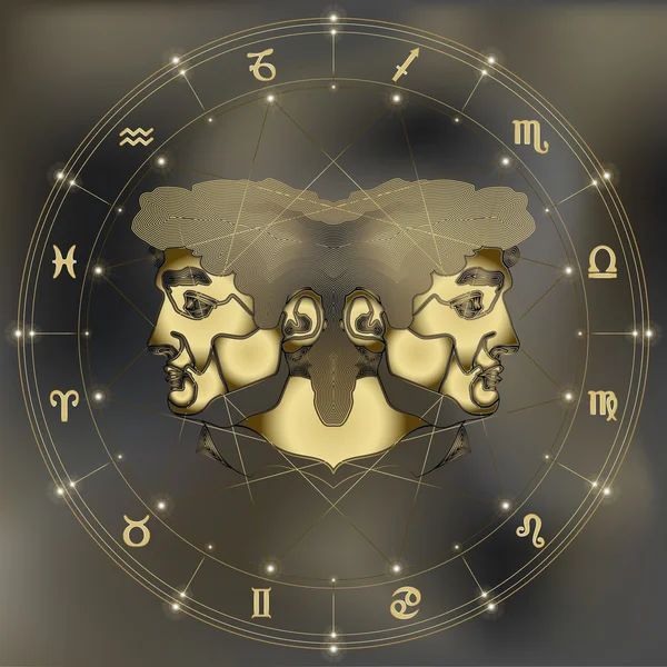 Portrait jumeaux dorés, signe Gémeaux du zodiaque — Image vectorielle