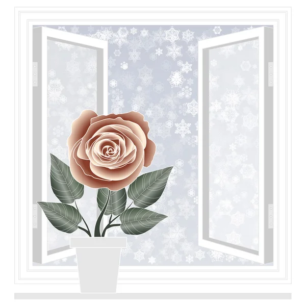 Guardar postal de calor, ventana abierta con fondo de copos de nieve — Archivo Imágenes Vectoriales