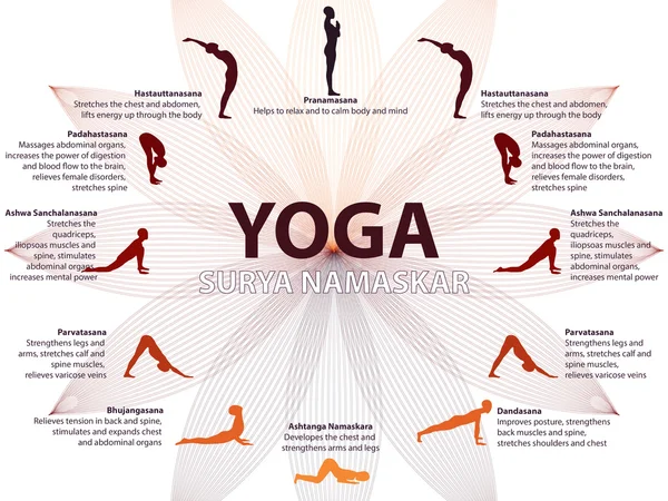 Infografías del yoga, secuencia de Surya Namaskar — Vector de stock
