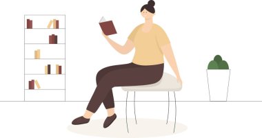 Bir kadın sandalyeye oturur ve kitap okur.