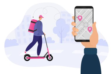 Erkek bir kurye pembe bir scooter kullanıyor. Hızlı teslimat. Telefonla el, teslimat rotası.