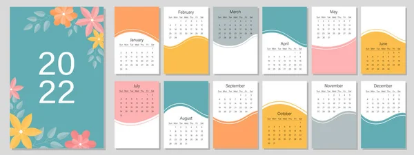 2022年日历模板 漂亮的设计 2022年12个月的一系列页面 矢量说明 — 图库矢量图片