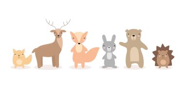Çocuk tebrik kartı, poster, çocuk odası, kıyafet, davetiye için çizgi film sevimli hayvanlar. Vektör çizimi. Sincap, geyik, tilki, tavşan, ayı, kirpi