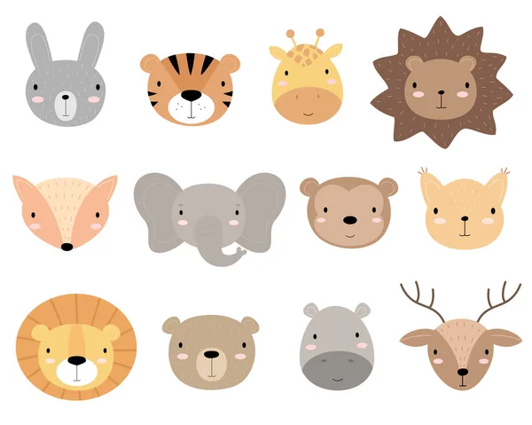 Conjunto Cabeças Animais Desenhos Animados Bonitos Adequado Para Adesivos Cartazes — Vetor de Stock