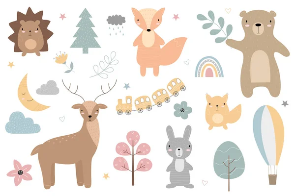 Set Cartoon Cute Animals Children Greeting Card Poster Children Room — Stock Vector