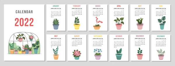 Kalendarz Rok 2022 Doniczkowe Rośliny Domowe Okładka Miesięcznych Stron Tydzień — Wektor stockowy