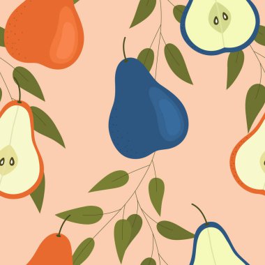  Açık arkaplanda mavi ve turuncu armutlar. Geçmişi kusursuz, kumaş baskısı, ambalaj kağıdı, telefon kılıfı. Vektör illüstrasyonu