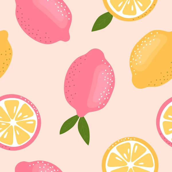 Seamless Lemon Pattern Pink Yellow Citrus Fruits Hand Drawn Pattern — Stock Vector