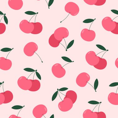Kusursuz kiraz deseni. Hafif arkaplanda pembe meyve suyu. Kumaşa, duvar kağıdına, arka plana, kartpostala, afişe, ambalaj kağıdına baskı yapmak için mükemmel. Vektör yaz illüstrasyonu.