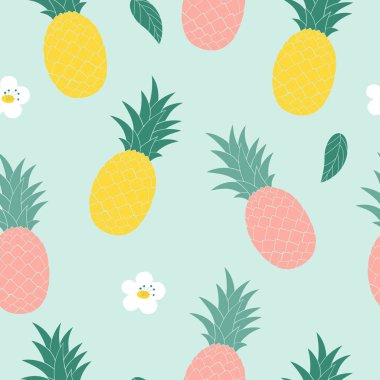  Mavi arka planda sarı, pembe ananaslar. Arka plan için kusursuz desen, kumaş baskı, ambalaj kağıdı, telefon kılıfı, duvar kağıdı. Vektör yaz illüstrasyonu