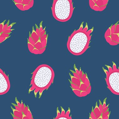  Mavi arka planda pembe ejderha meyvesi. Pitaya, pitahaya. Arka plan için kusursuz desen, kumaş baskı, ambalaj kağıdı, telefon kılıfı, duvar kağıdı. Vektör illüstrasyonu