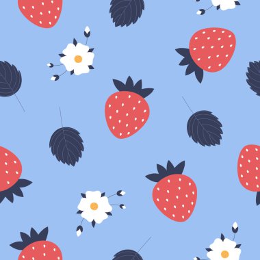 Mavi arka planda kırmızı çilekler. Arka plan için kusursuz desen, kumaş baskı, ambalaj kağıdı, telefon kılıfı, duvar kağıdı. Vektör illüstrasyonu