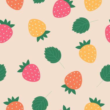 Açık arkaplanda pembe, turuncu, sarı çilekler. Arka plan için kusursuz desen, kumaş baskı, ambalaj kağıdı, telefon kılıfı, duvar kağıdı. Vektör illüstrasyonu