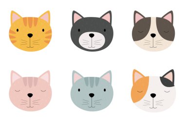 Elle çizilmiş kedi yüzleri. Çocuk posterleri, moda tasarımı, parti davetiyeleri, doğum günü kartları için uygun. Vektör illüstrasyonu