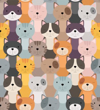  Elle çizilmiş sevimli kediler. Çocuk tasarımı için kusursuz desen, kumaş, duvar kağıdı, telefon kılıfı, ambalaj kağıdı. Vektör illüstrasyonu