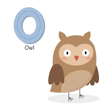 O harfi ve sevimli bir baykuş çizgi filmi. Çocuk İngiliz alfabesi. Kartpostalların, kitapların, broşürlerin, afişlerin, doğum günü davetiyelerinin tasarımı için uygundur. Renkli vektör illüstrasyonu