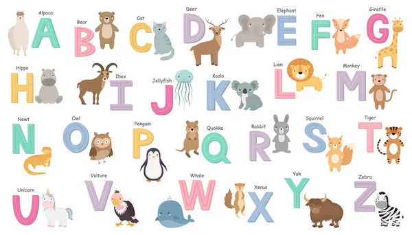 Alphabet Anglais Avec Des Animaux Dessin Animé Mignons Alphabet Coloré — Image vectorielle