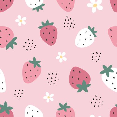 Açık arkaplanda pembe çilekler ve beyaz çiçekler. Kusursuz dut deseni. Özgeçmiş için uygun, kumaş, duvar kağıdı, ambalaj kağıdı, telefon kılıfı. Vektör illüstrasyonu