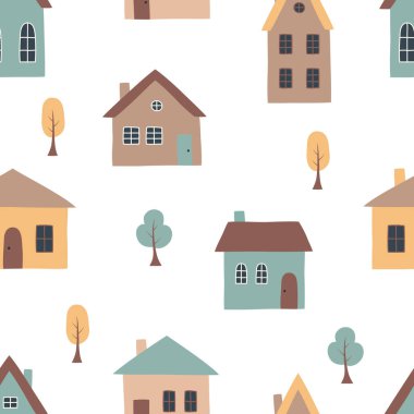 Kusursuz desen. Düz bir şekilde el çizimi şirin evler ve ağaçlar. Duvar kağıdı, tekstil, kumaş, ambalaj kağıdı için uygun. Vektör illüstrasyonu.