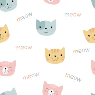 Renkli şirin kediler. Kusursuz desen. Arka plan için uygun, kumaş, duvar kağıdı, ambalaj kağıdı. Çocuklar için vektör illüstrasyonu