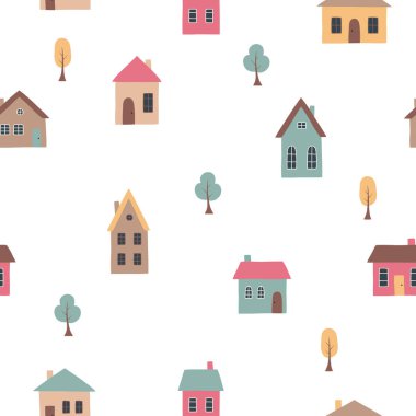 Kusursuz desen. Düz bir şekilde el çizimi şirin evler ve ağaçlar. Vektör çizimi. Duvar kağıdı, tekstil, kumaş, ambalaj kağıdı için uygun.