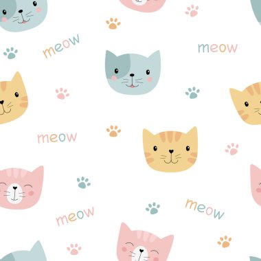 Renkli şirin kediler. Kusursuz desen. Arka plan için uygun, kumaş, duvar kağıdı, ambalaj kağıdı. Vektör illüstrasyonu