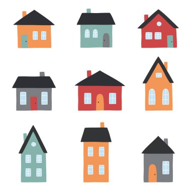 Sevimli renkli evler seti. Düz bir şekilde elle çizilmiş evler. Vektör illüstrasyonu