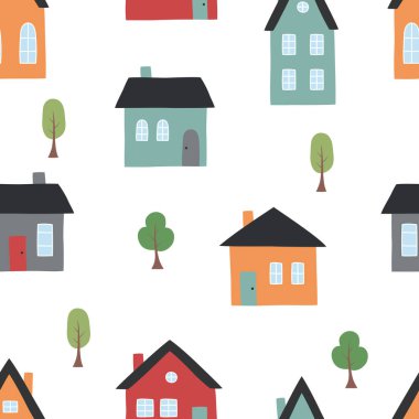 Kusursuz desen. Düz bir şekilde el çizimi şirin evler ve ağaçlar. Vektör çizimi. Duvar kağıdı, tekstil, kumaş için uygun.
